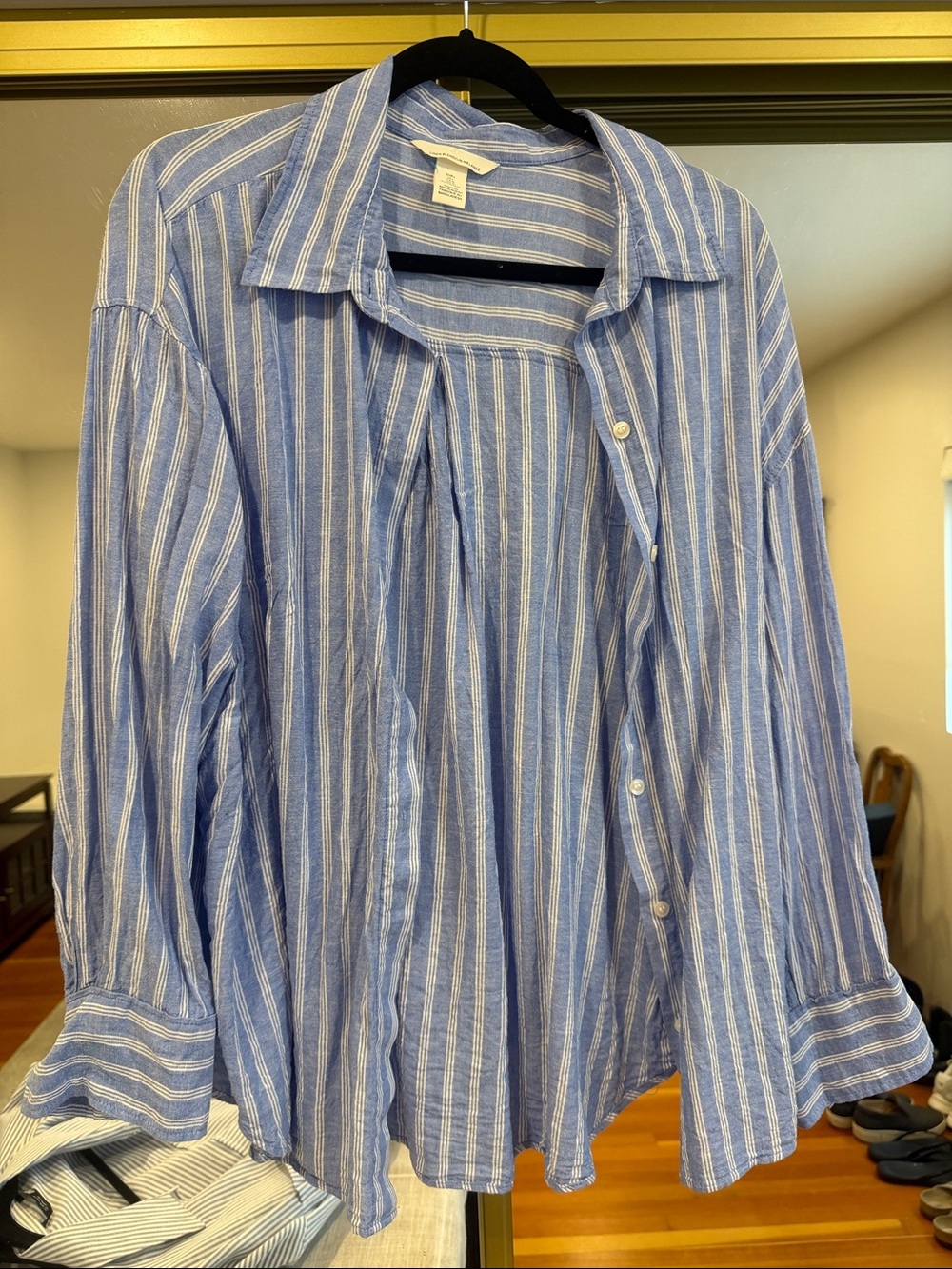 Blue Striped Button-Up Linen Blend Shirt